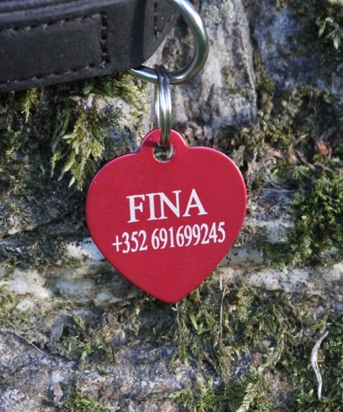 Placa de identificación personalizada de aluminio con un corazón rojo